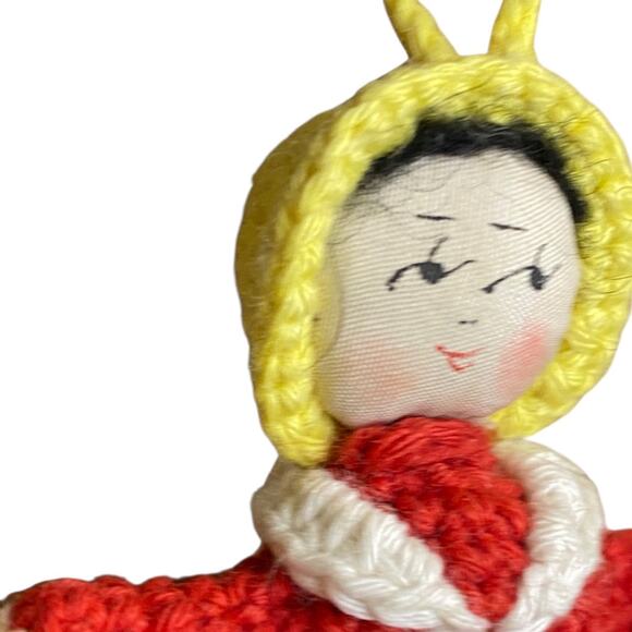 Vintage Amigurumi Japanese Crochet Doll 3" Silk Face Red Blue - Picture 4 of 6